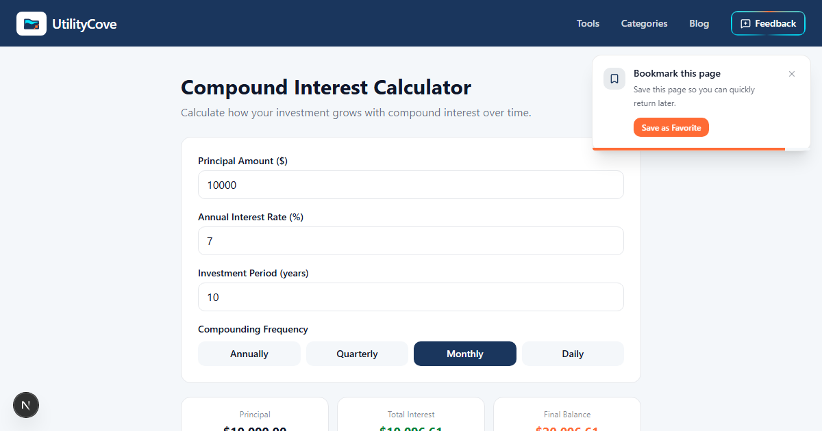 Compound Interest Calculator — UtilityCove | Free Online Tool