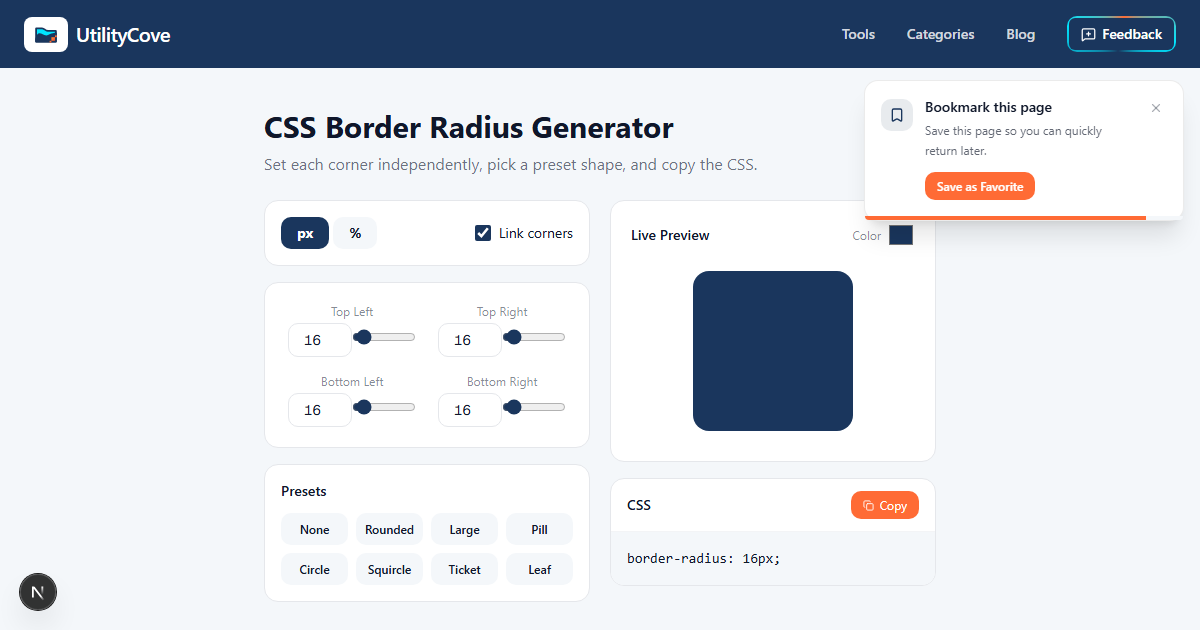 CSS Border Radius Generator — UtilityCove | Free Online Tool