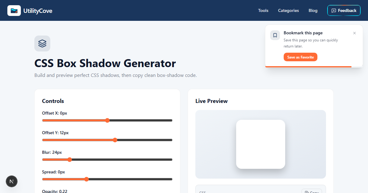 CSS Box Shadow Generator — UtilityCove | Free Online Tool