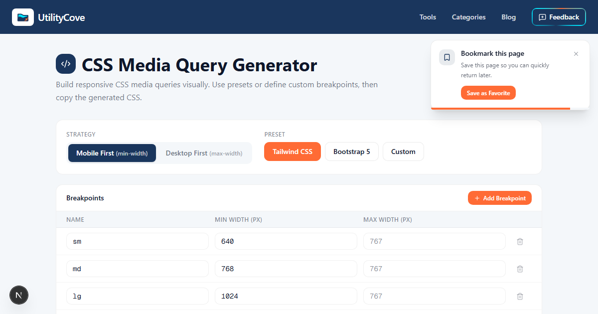 CSS Media Query Generator — Responsive Breakpoints Tool | UtilityCove ...