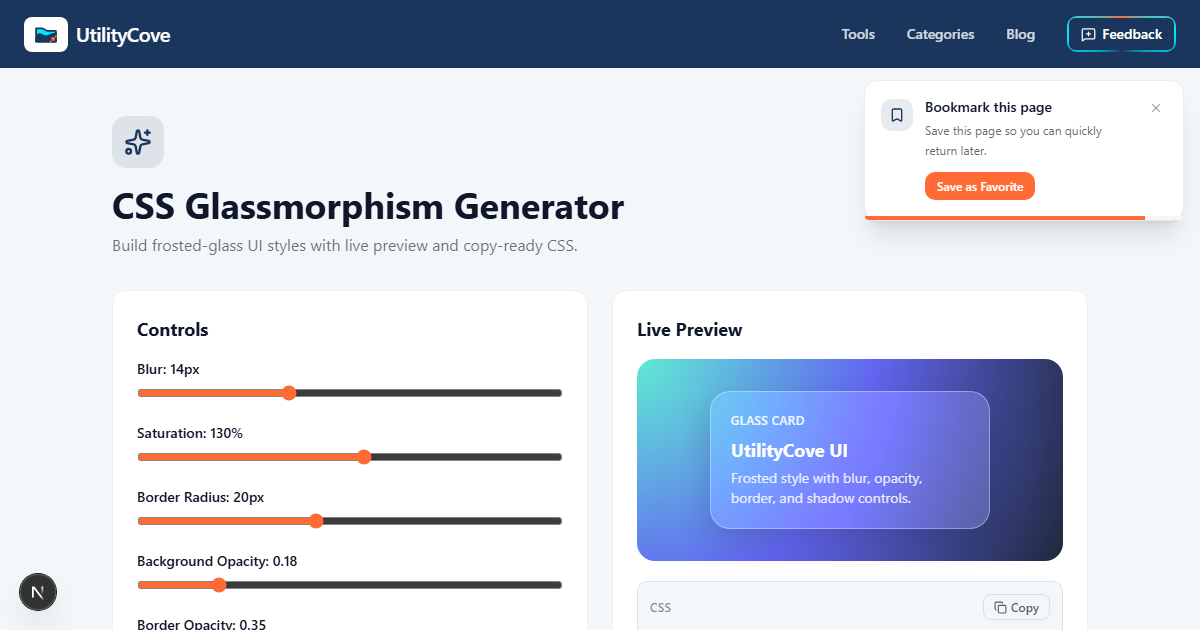 CSS Glassmorphism Generator — UtilityCove | Free Online Tool