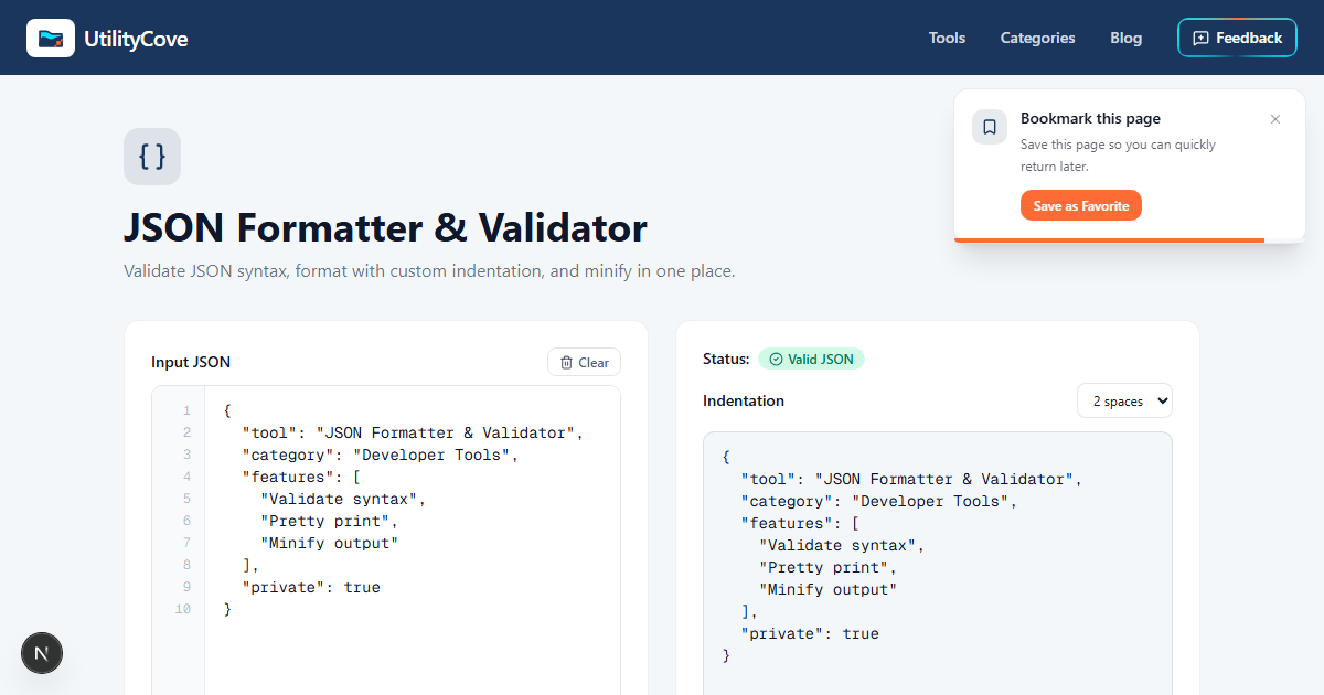 JSON Formatter & Validator — UtilityCove | Free Online Tool
