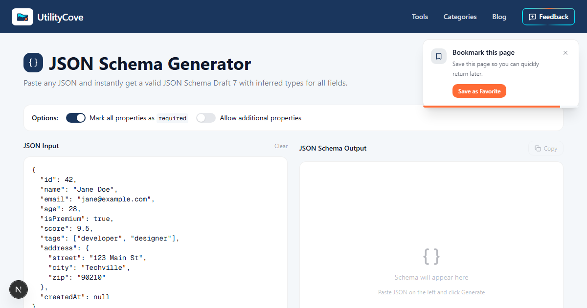 JSON Schema Generator — Generate JSON Schema from JSON | UtilityCove ...