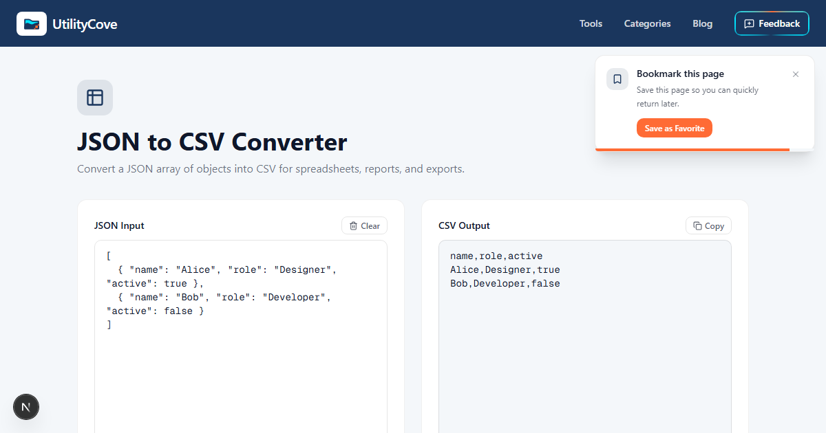 JSON to CSV Converter — UtilityCove | Free Online Tool
