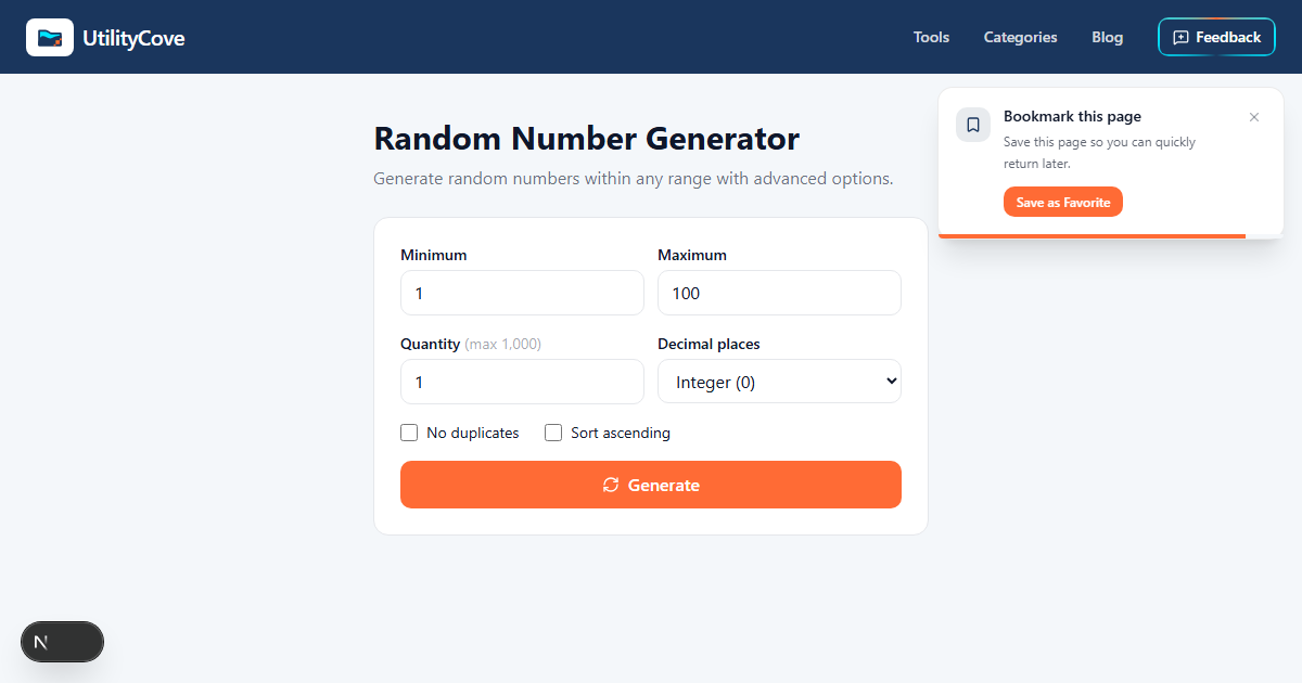Random Number Generator — UtilityCove | Free Online Tool