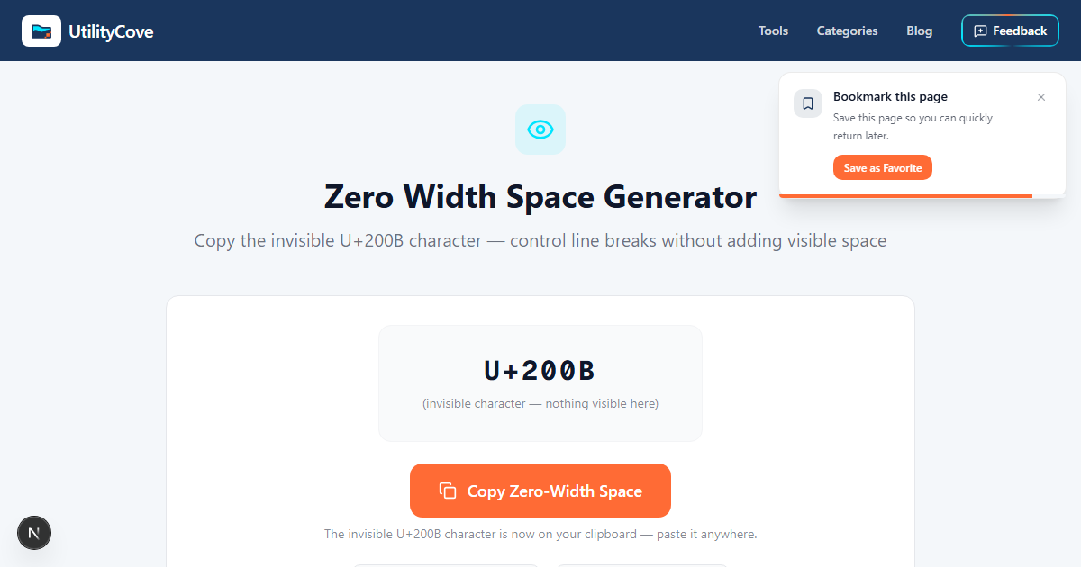 Zero Width Space Generator — UtilityCove | Free Online Tool